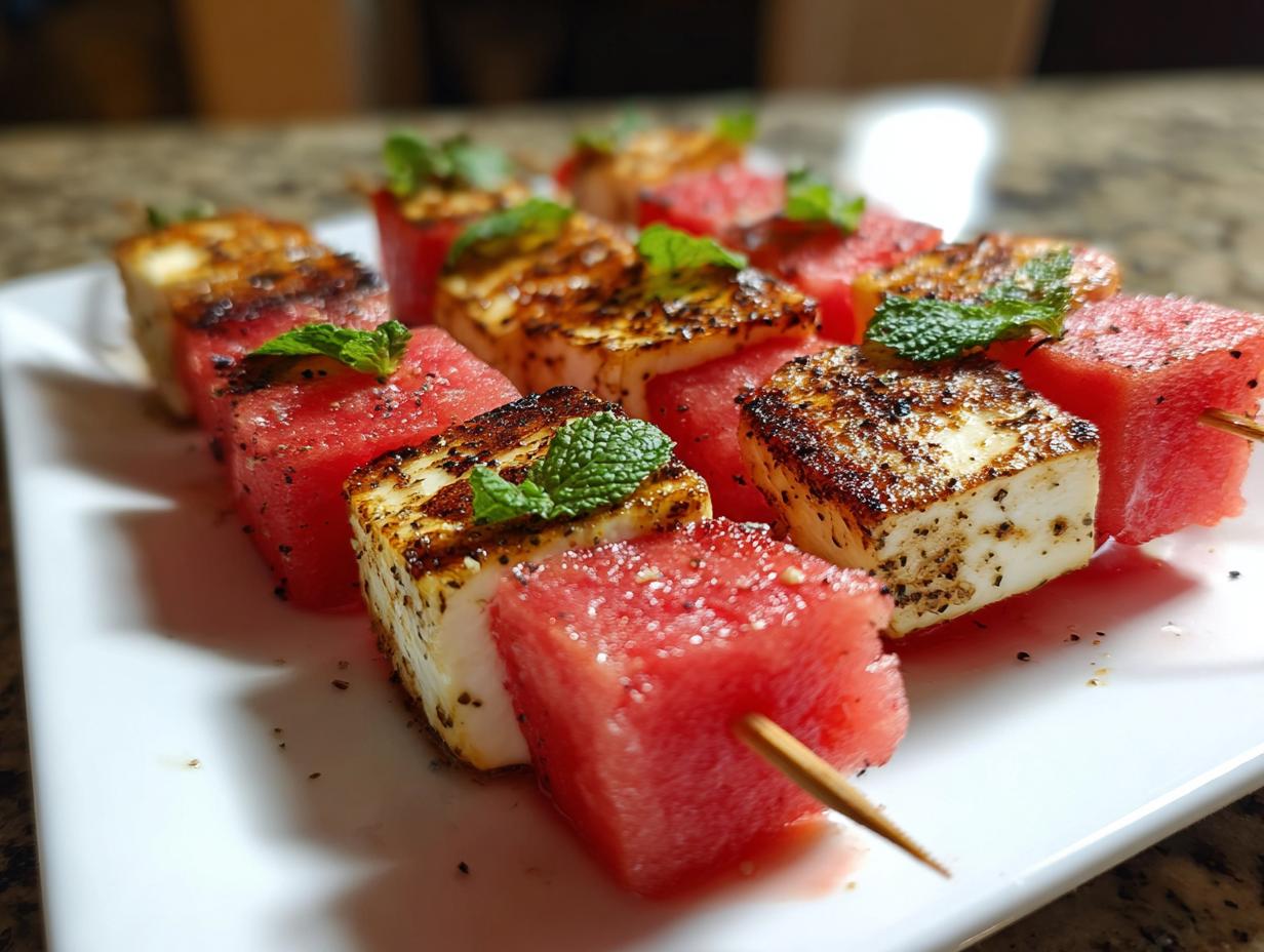 Close-up of grilled watermelon and halloumi cheese skewers, garnished with fresh mint leaves.