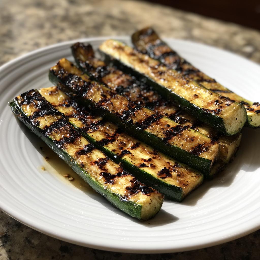 Close-up of perfectly grilled zucchini slices with char marks, seasoned and glistening, on a white plate.