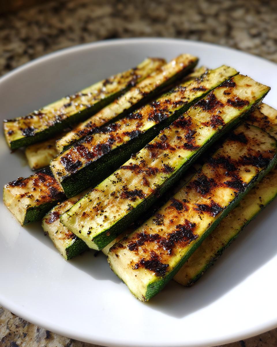 Close-up of grilled zucchini slices on a white plate, showcasing grill marks and seasoning. A perfect side dish.