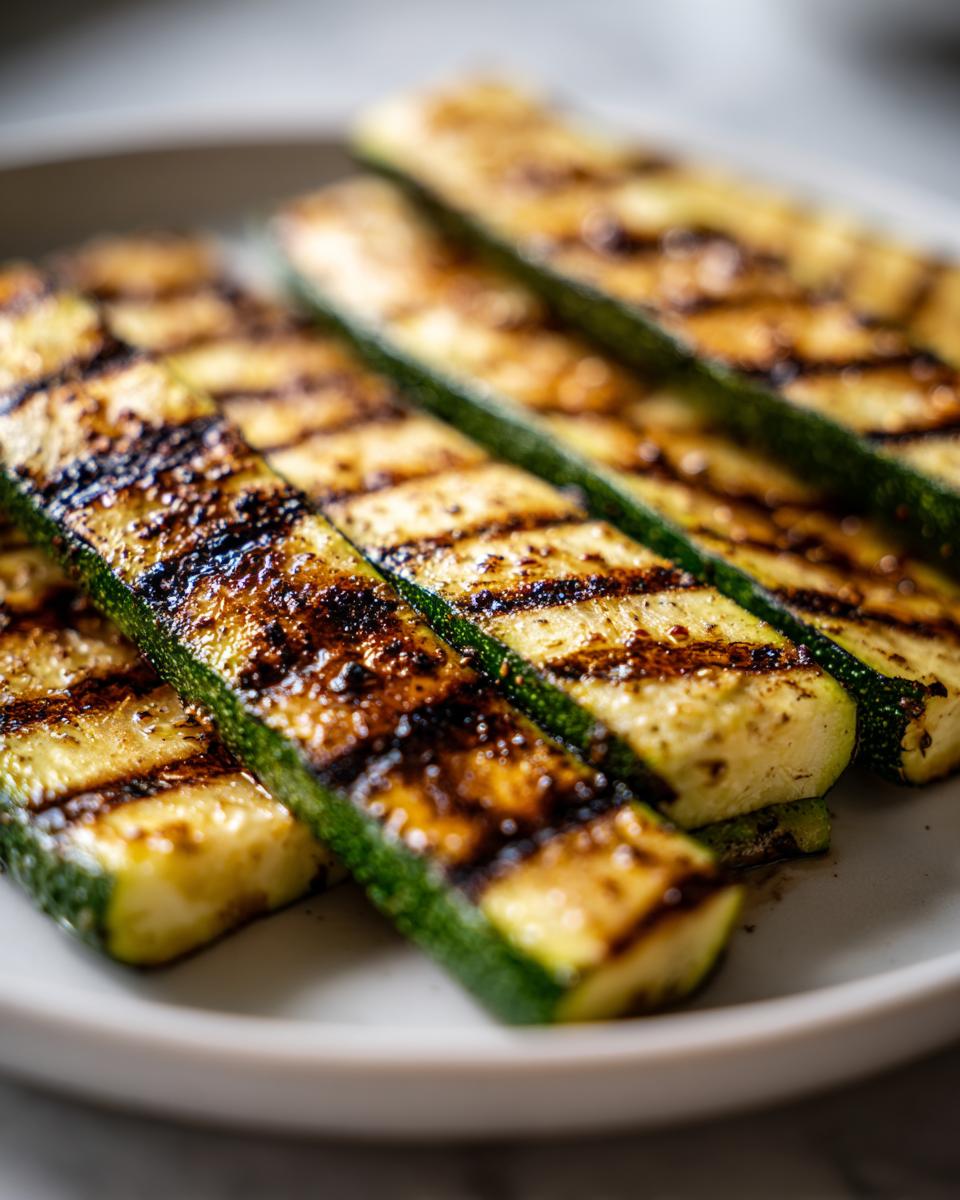 Close-up of perfectly grilled zucchini slices with char marks, showcasing them as a delicious side dish.