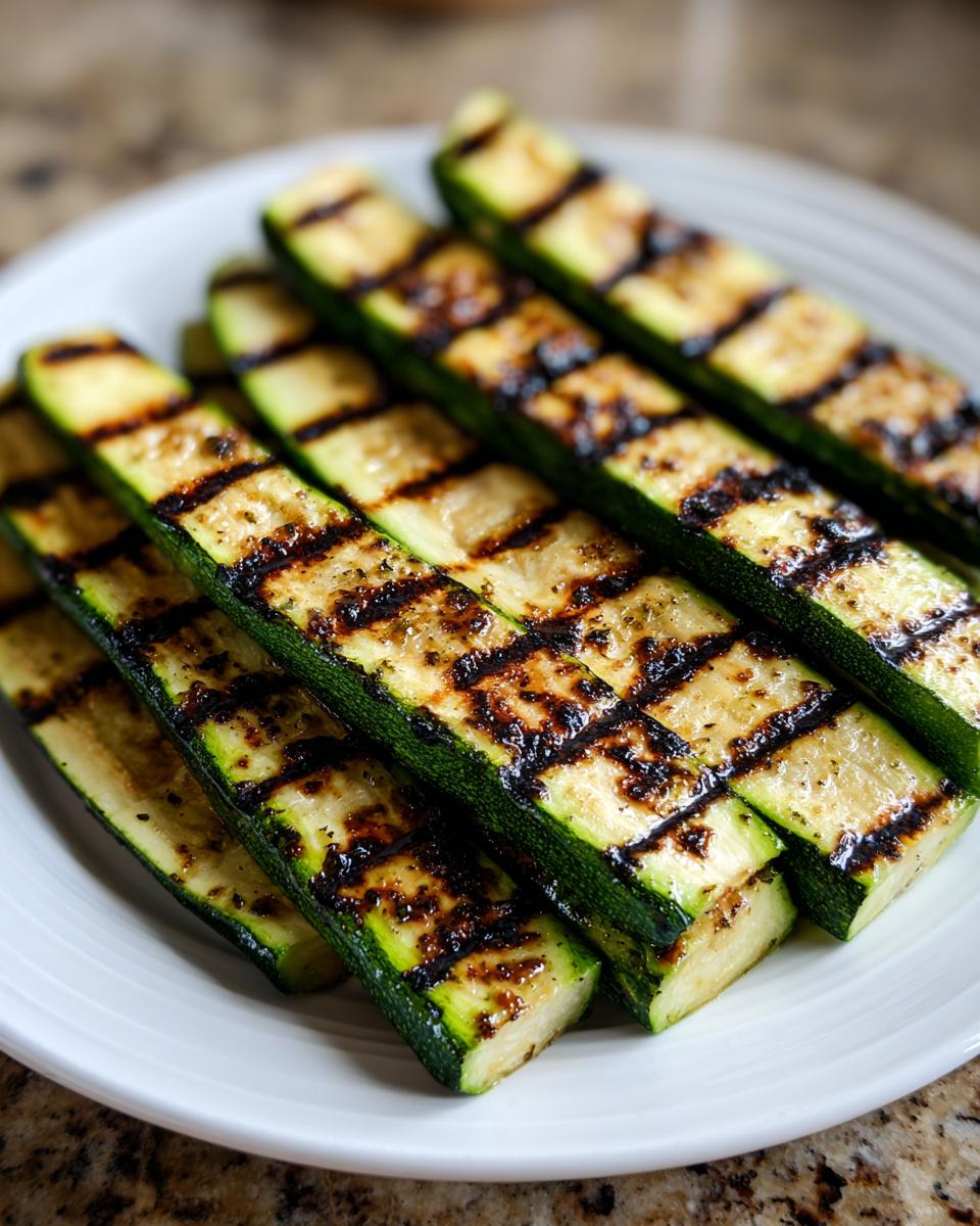 Close-up of perfectly grilled zucchini slices arranged on a white plate, showcasing beautiful grill marks.