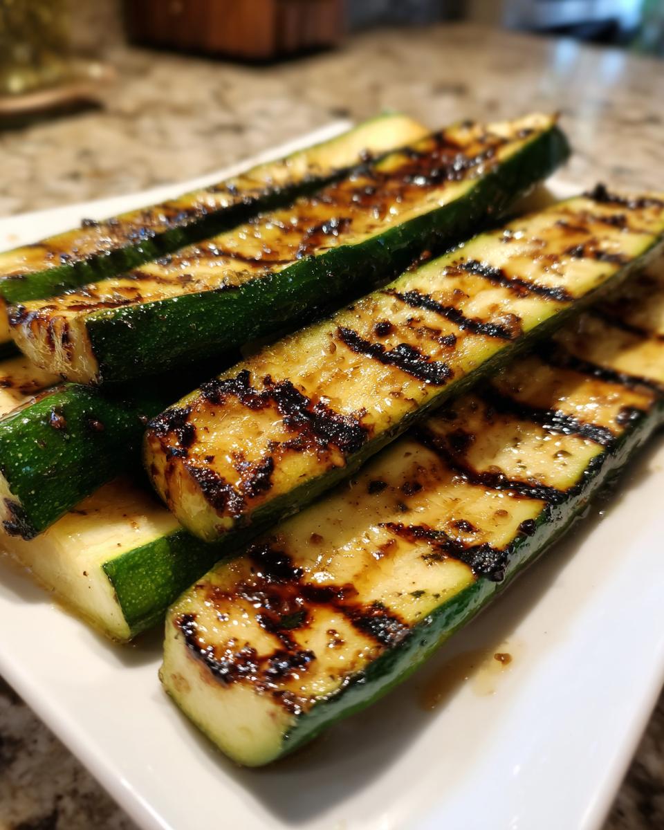 Close-up of perfectly grilled zucchini slices with char marks, glistening with marinade, a fantastic grilling recipe.