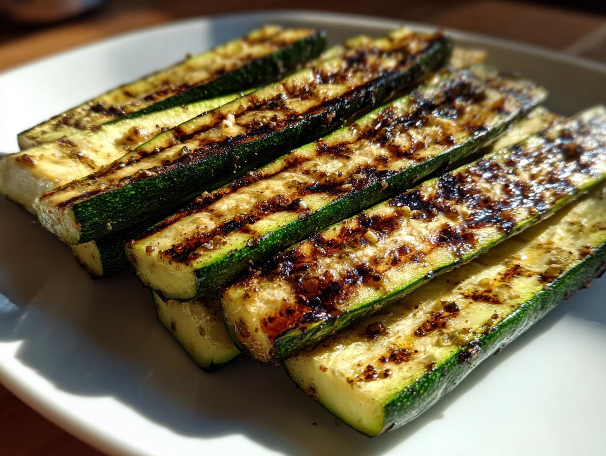 Close-up of perfectly grilled zucchini slices, showcasing grill marks and seasoning, a delicious side dish.