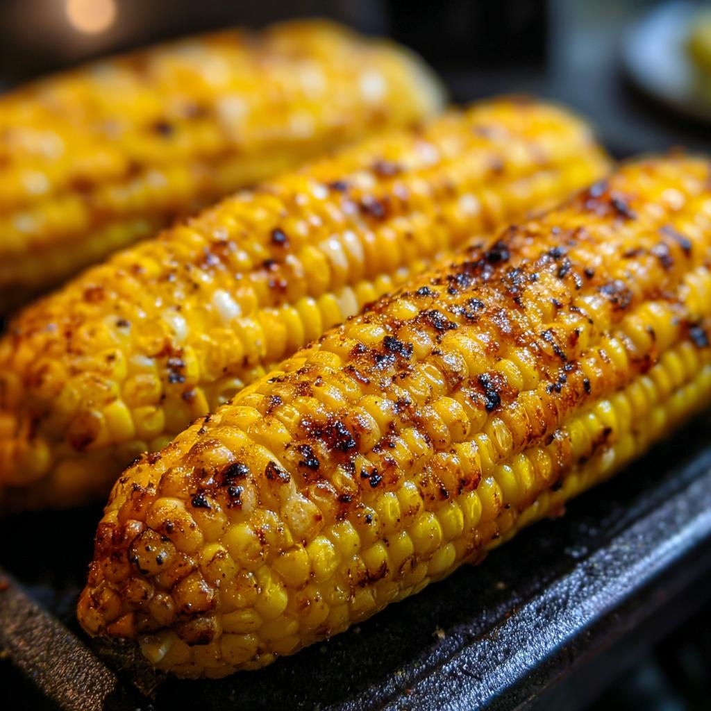 Close-up of three ears of grilled corn on the cob, seasoned and slightly charred.