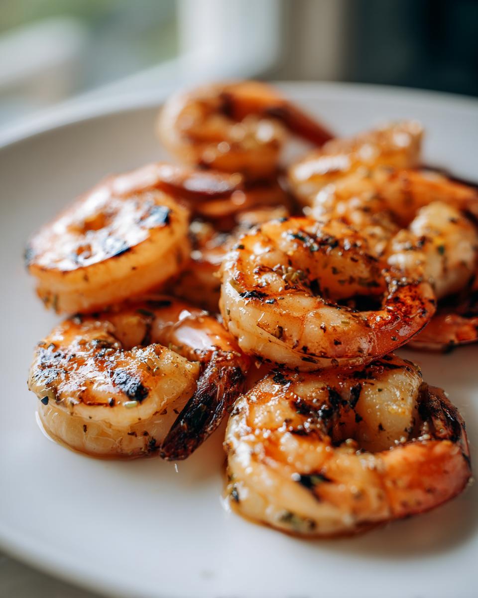Close-up of perfectly grilled honey lime shrimp with visible grill marks and herbs.