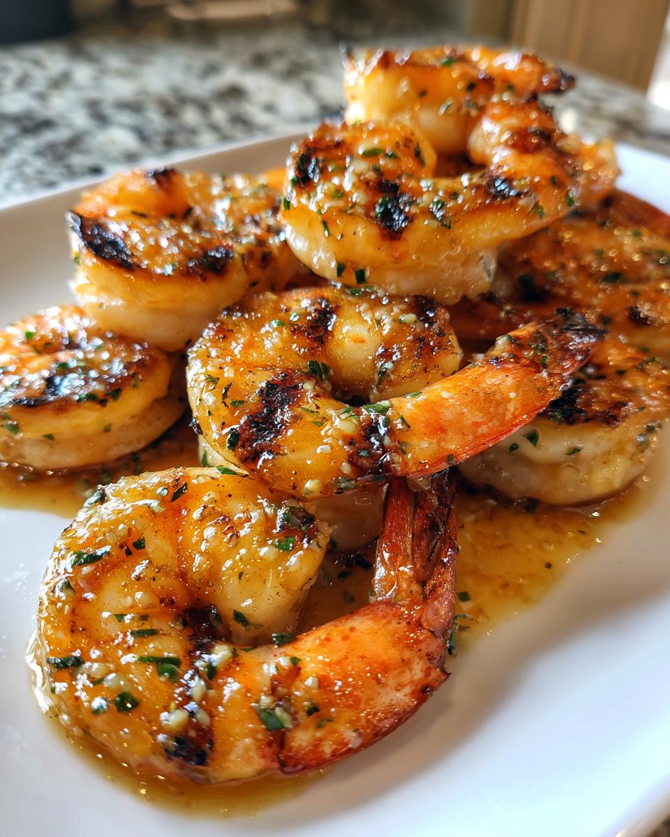 Close-up of grilled honey lime shrimp glazed with sauce and sprinkled with herbs, perfect for fast cookouts.