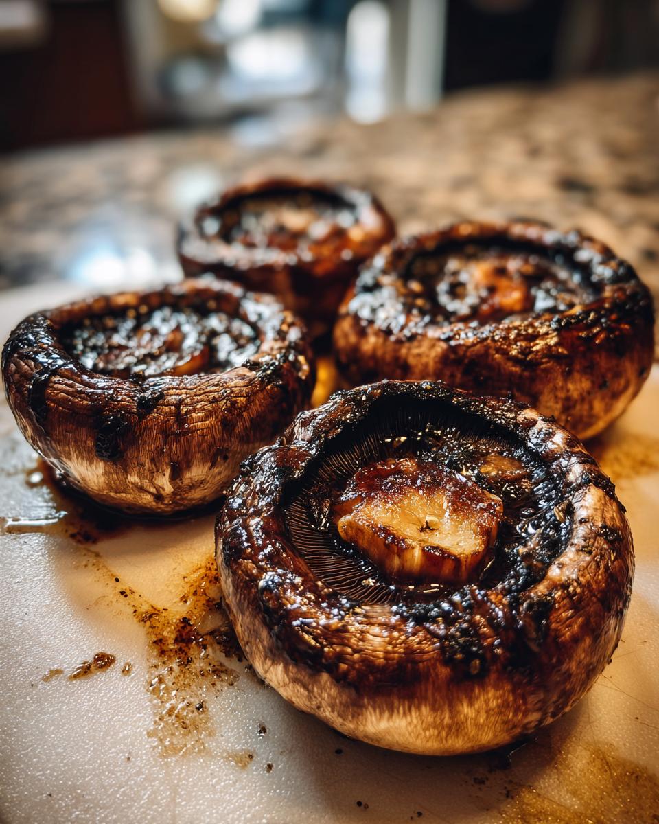 Close-up of four juicy, grilled portobello mushrooms, glistening with marinade and spices, ready for an easy outdoor meal.