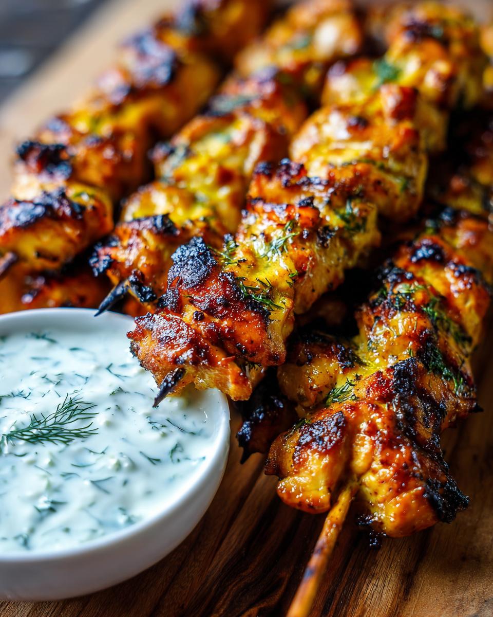 Close-up of smoky chicken skewers with a side of garlic yogurt dip, garnished with dill.