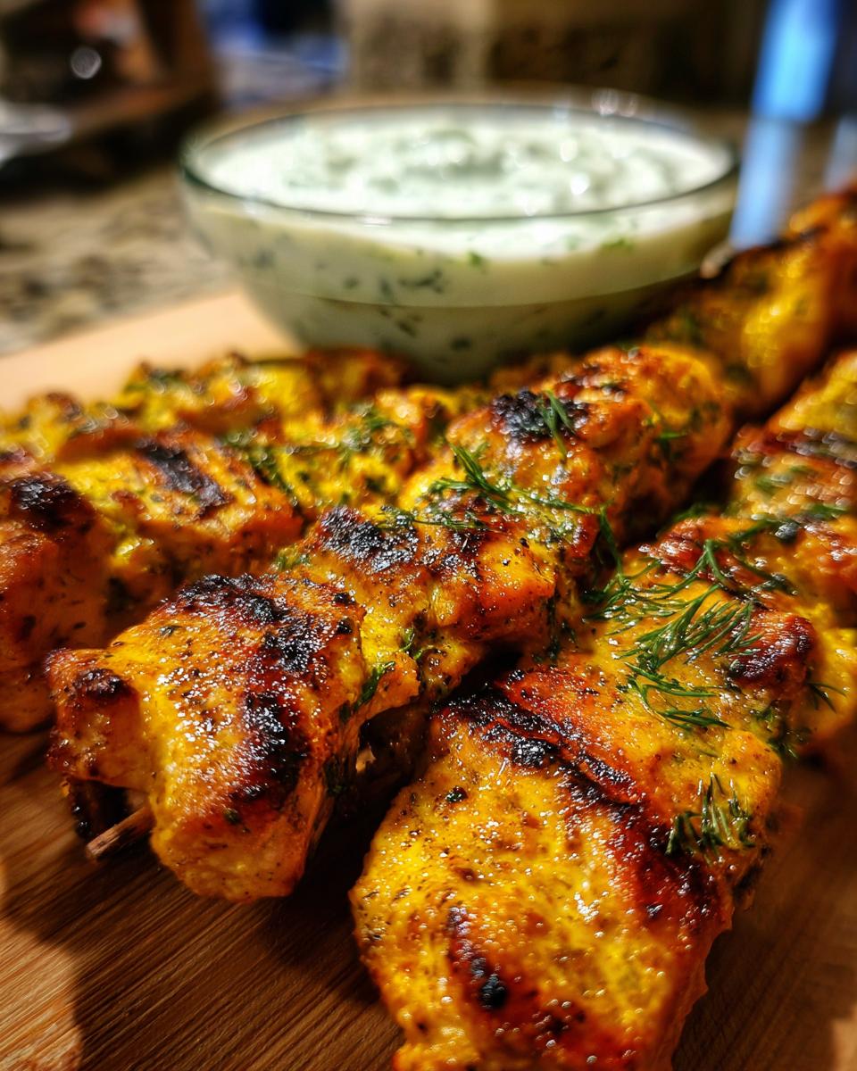 Close-up of grilled smoky chicken skewers with dill, served with a bowl of garlic yogurt dip.
