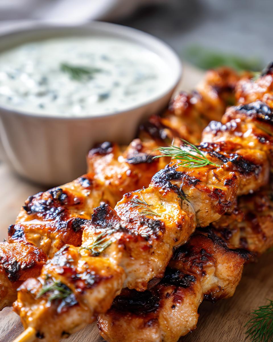 Close-up of smoky chicken skewers with grill marks, served with a bowl of garlic yogurt sauce and dill.