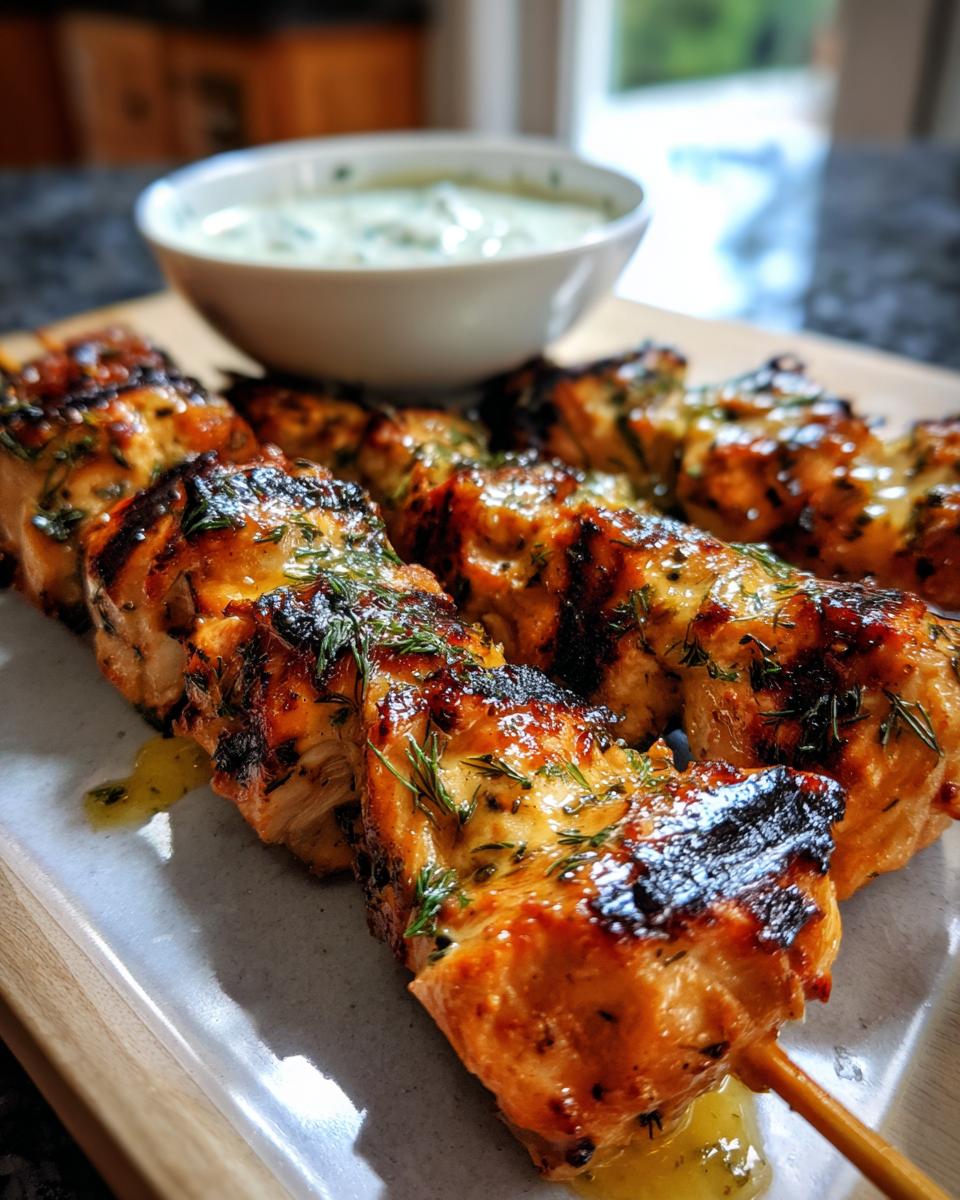 Close-up of grilled smoky chicken skewers, glistening with marinade and herbs, served with garlic yogurt dip.