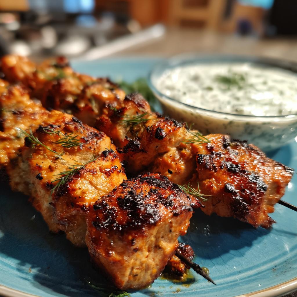 Close-up of grilled smoky chicken skewers served with a bowl of garlic yogurt dip and fresh dill.