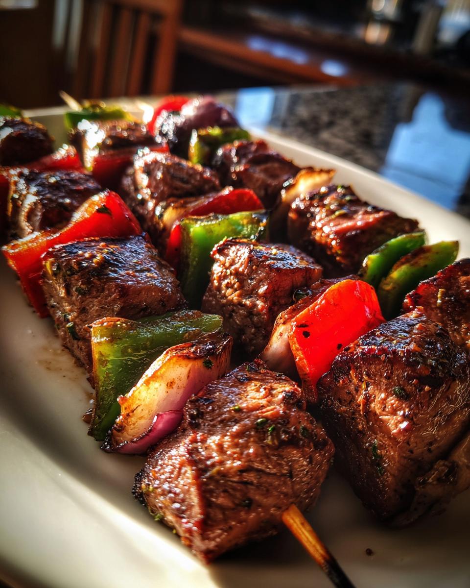 Close-up of perfectly grilled steak kabobs with red peppers, green peppers, and red onions on a white platter.
