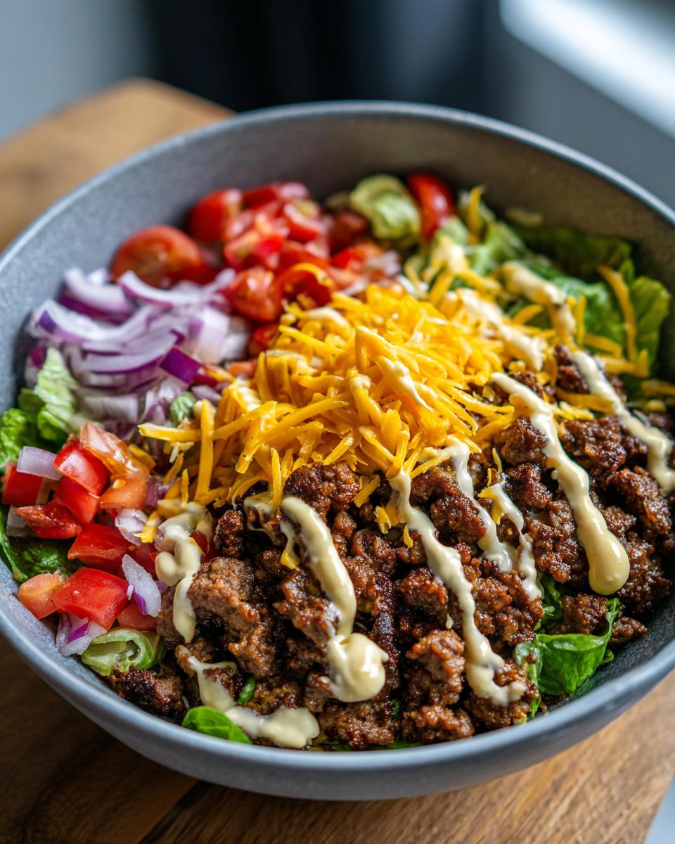 A close-up of a High-Protein Cheeseburger Bowl filled with seasoned ground beef, shredded cheese, lettuce, tomatoes, and red onion, drizzled with sauce.