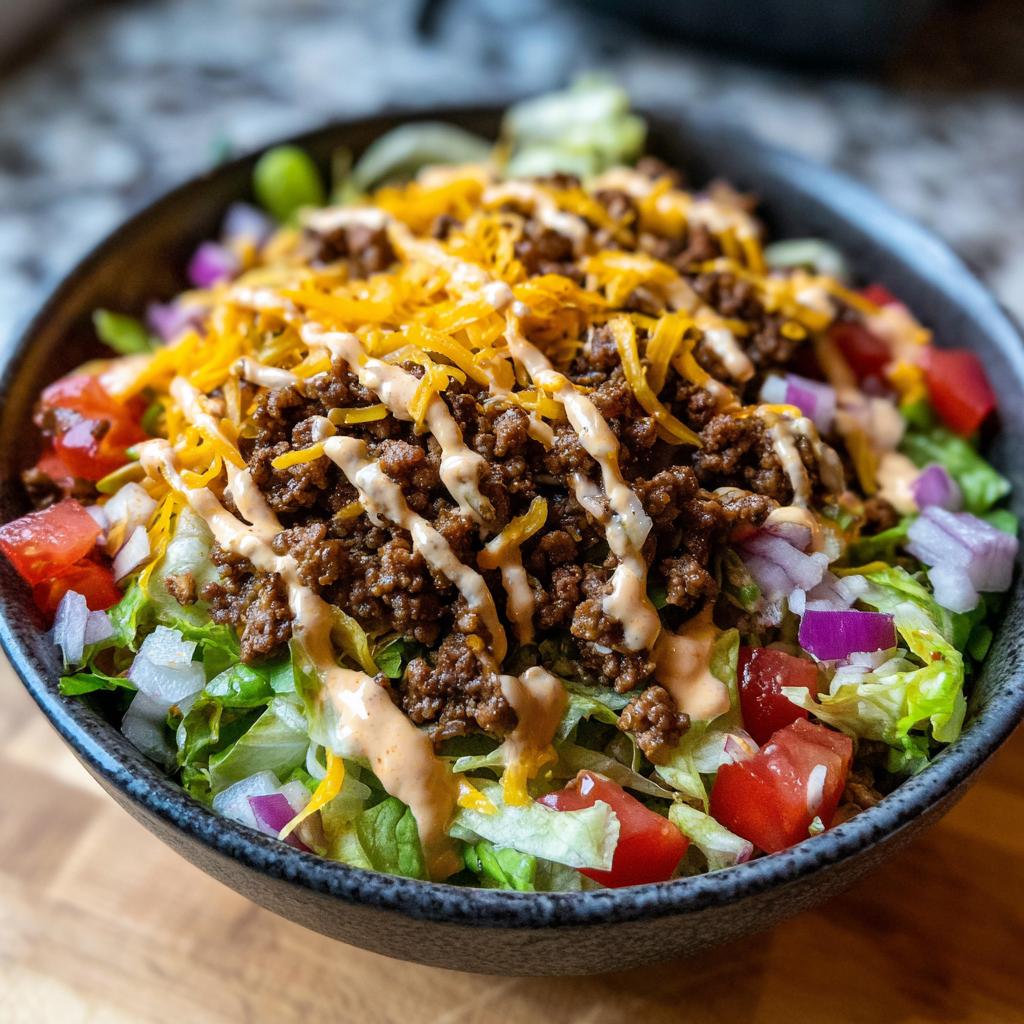 A delicious High-Protein Cheeseburger Bowl with seasoned ground beef, shredded cheese, lettuce, tomatoes, and a drizzle of sauce.