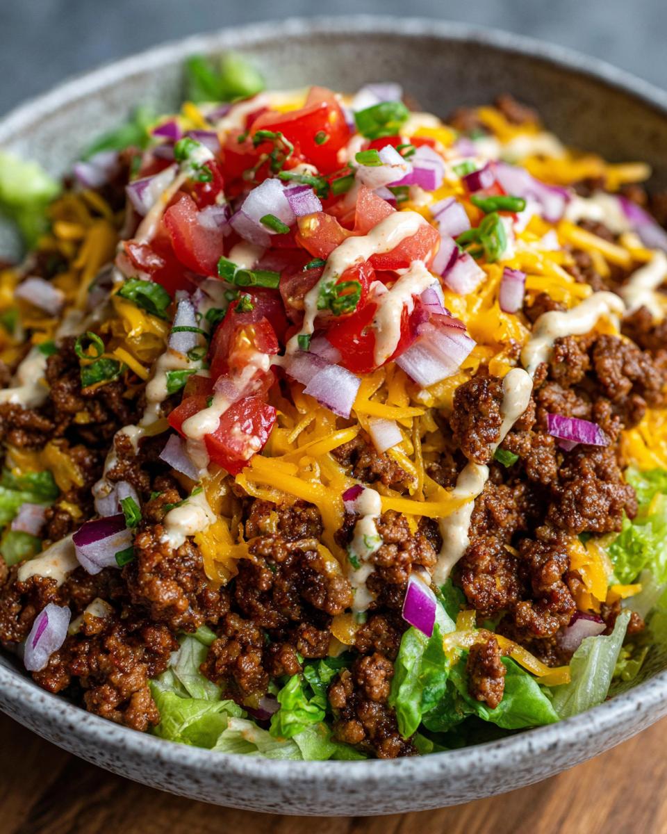 A close-up of a High-Protein Cheeseburger Bowl filled with seasoned ground beef, shredded cheese, diced tomatoes, red onion, and a drizzle of sauce.