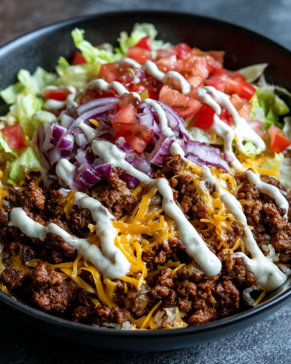 A delicious High-Protein Cheeseburger Bowl filled with seasoned ground beef, melted cheese, rice, lettuce, tomatoes, and red onions, drizzled with sauce.