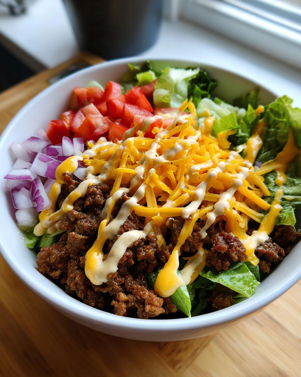 A delicious High-Protein Cheeseburger Bowl filled with seasoned ground beef, shredded cheese, lettuce, tomatoes, and red onion, drizzled with sauce.