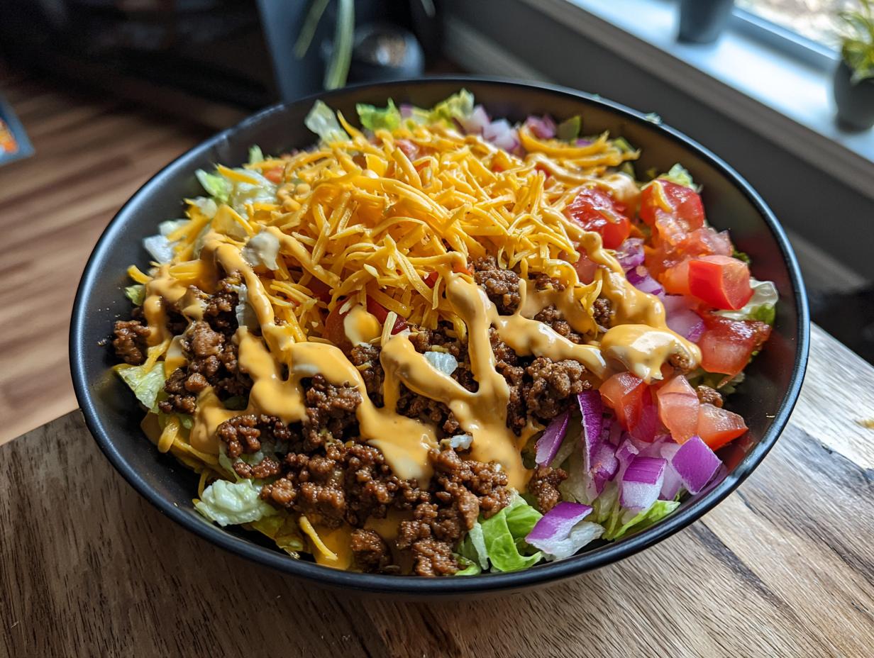 A delicious High-Protein Cheeseburger Bowl with seasoned ground beef, shredded cheese, lettuce, tomatoes, and red onion, drizzled with sauce.