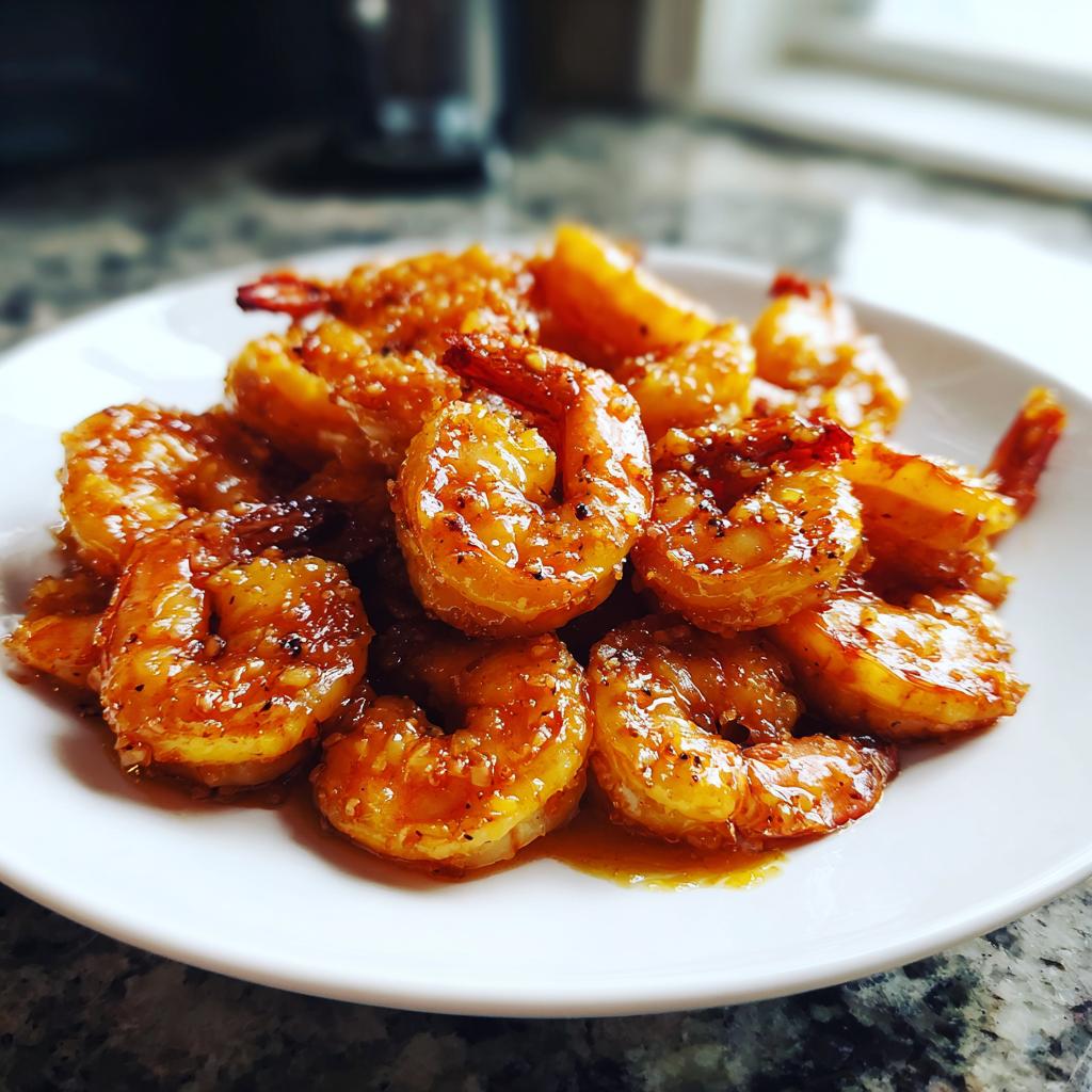 A close-up of a white plate piled high with glistening High-Protein Honey Garlic Shrimp.