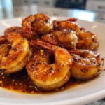 Close-up of a white plate filled with glistening High-Protein Honey Garlic Shrimp in a rich sauce.