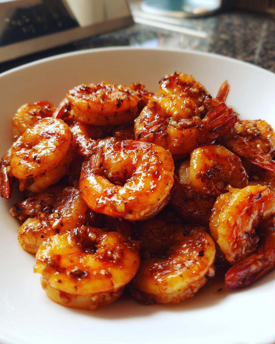 A close-up shot of glistening High-Protein Honey Garlic Shrimp piled high in a white bowl, coated in a rich, glossy sauce.