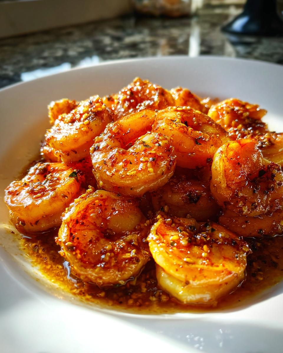 A close-up of a white plate filled with glistening High-Protein Honey Garlic Shrimp, coated in a rich sauce.