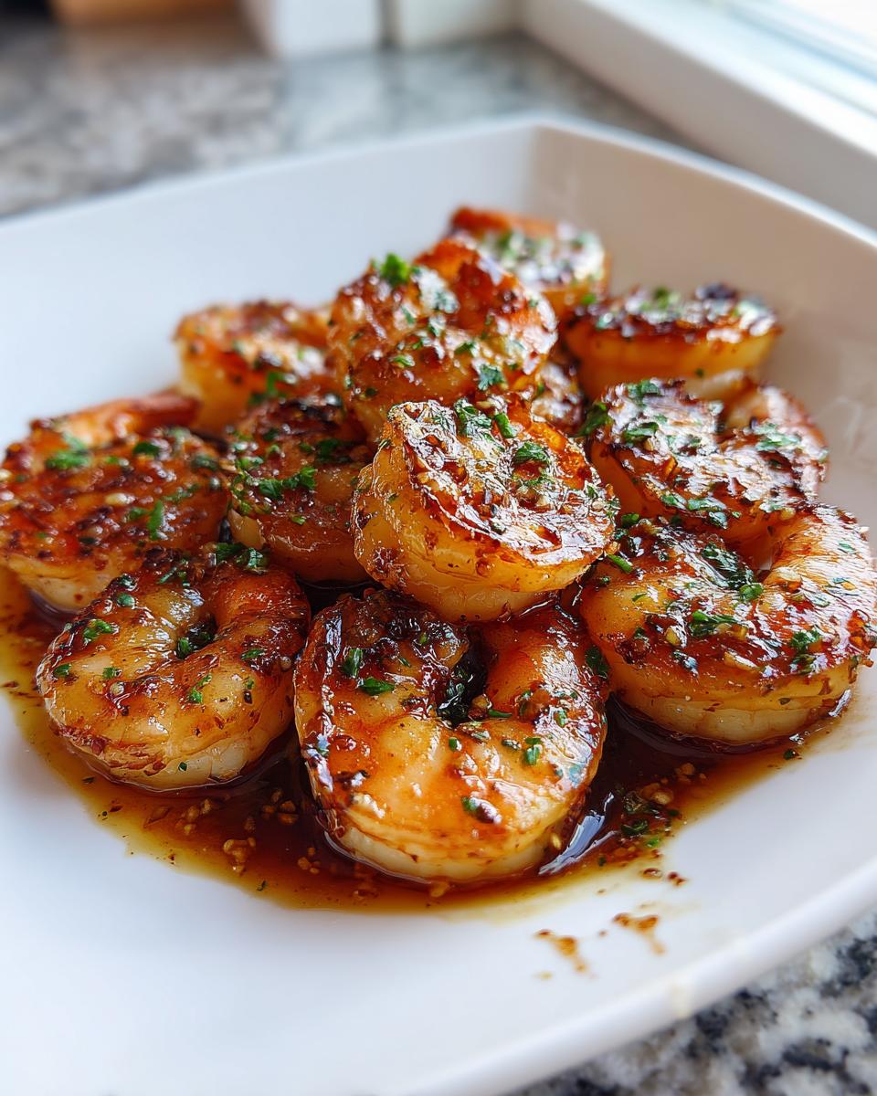 A close-up of a white plate filled with glistening High-Protein Honey Garlic Shrimp, garnished with fresh parsley.