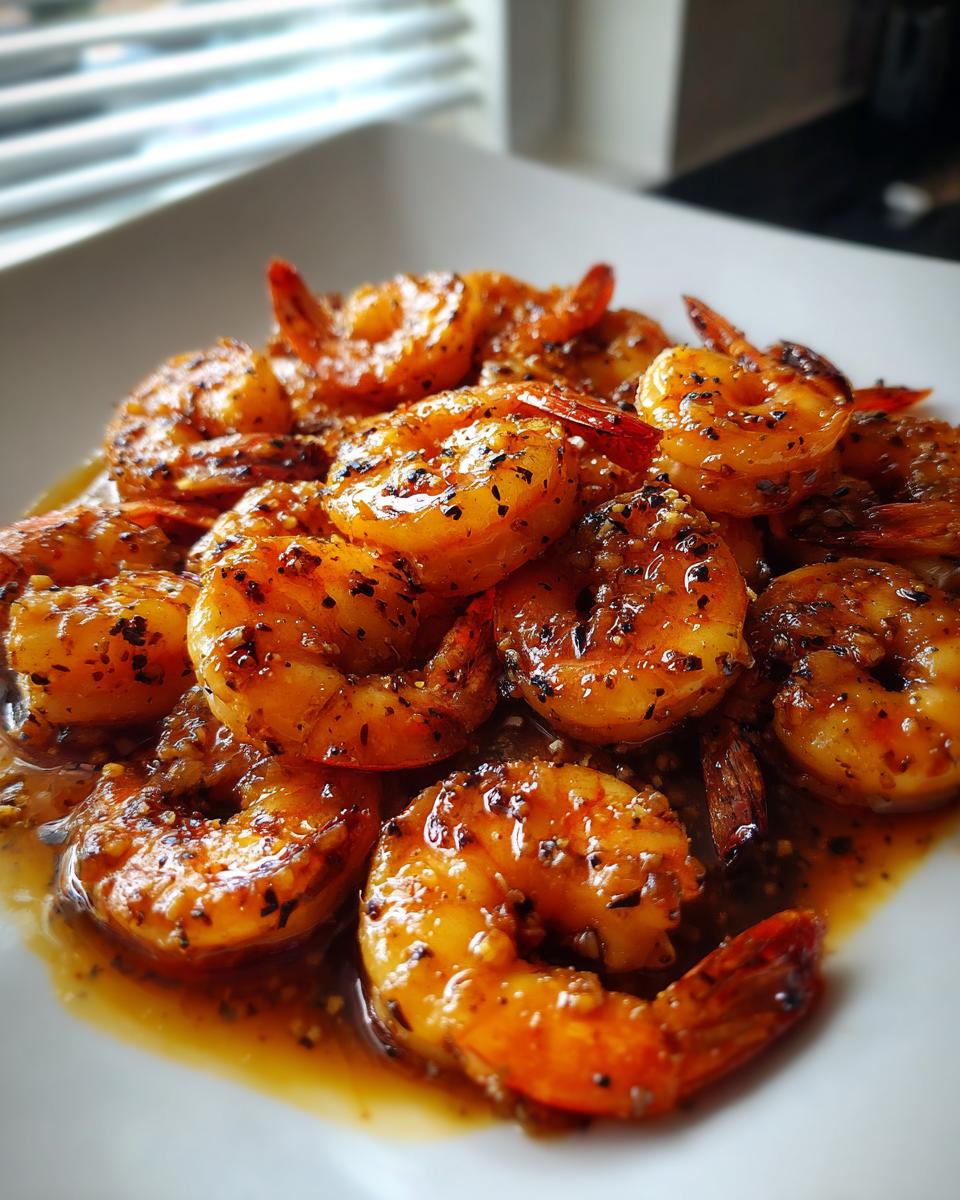 Close-up of a white platter filled with glistening High-Protein Honey Garlic Shrimp, coated in a rich sauce and sprinkled with herbs.