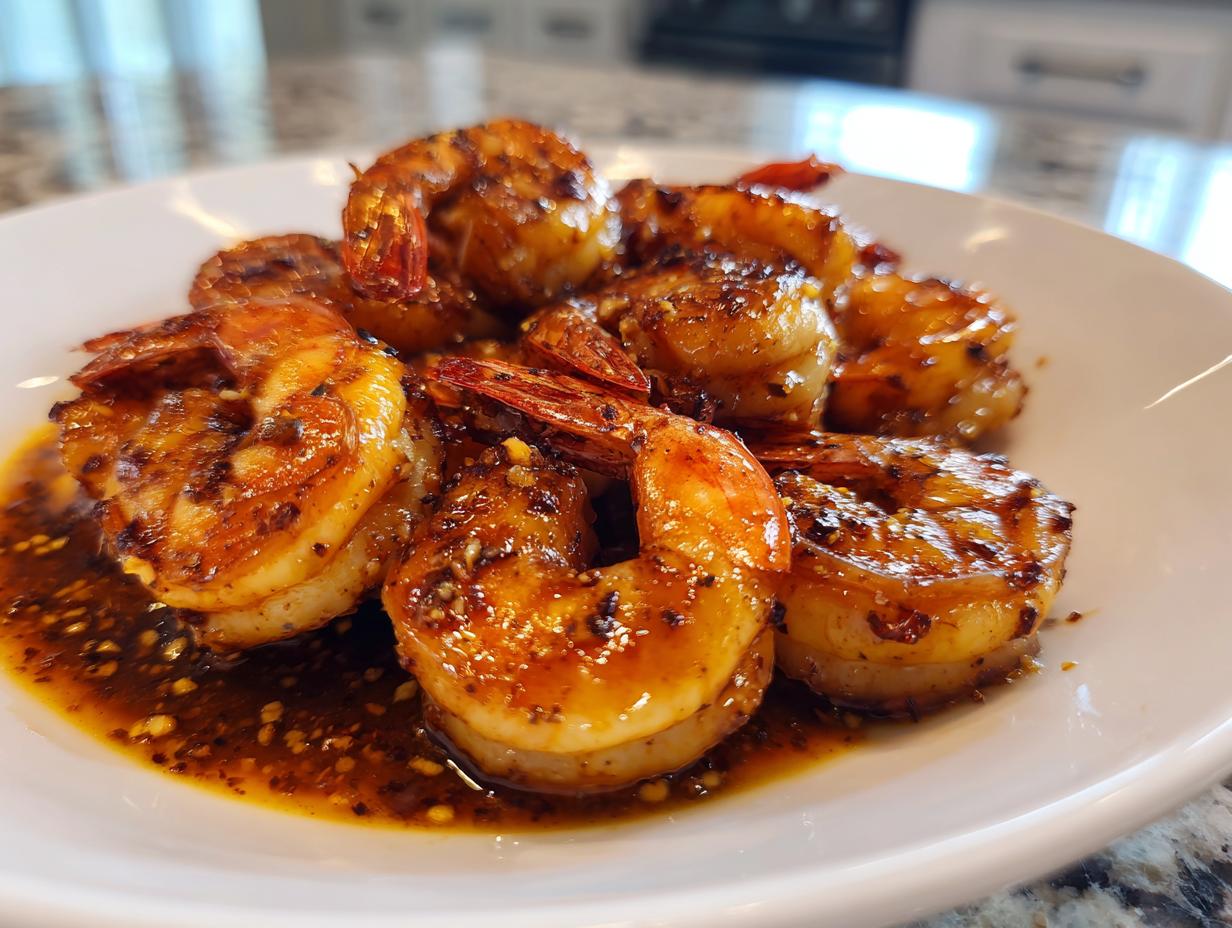 Close-up of a white plate filled with glistening High-Protein Honey Garlic Shrimp in a rich sauce.