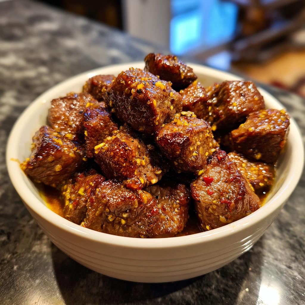 A bowl filled with tender High Protein Slow Cooker Garlic Butter Beef Bites, glistening with sauce and spices.