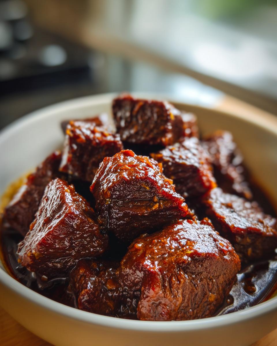 Close-up of tender, glazed beef bites in a bowl, perfect for High Protein Slow Cooker Garlic Butter Beef Bites.