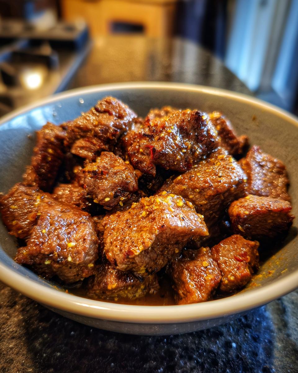A close-up bowl of tender High Protein Slow Cooker Garlic Butter Beef Bites, glistening with sauce and spices.