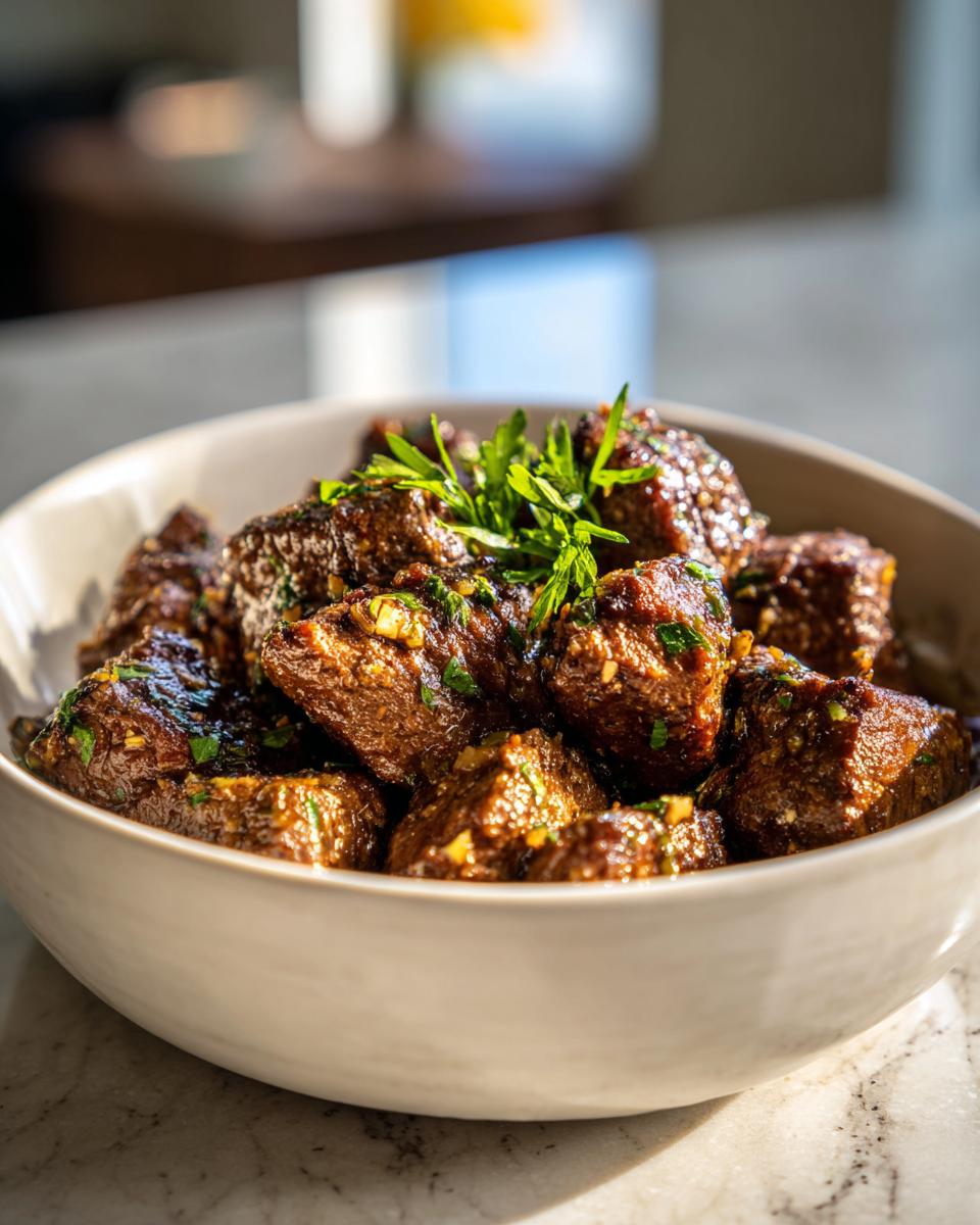 A bowl of tender High Protein Slow Cooker Garlic Butter Beef Bites, garnished with fresh parsley.
