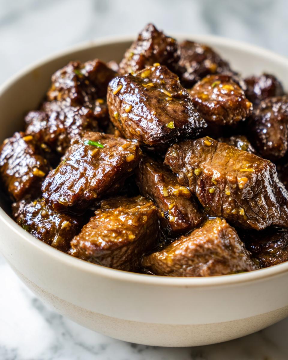 Close-up of tender High Protein Slow Cooker Garlic Butter Beef Bites in a bowl, coated in a glossy sauce with visible garlic pieces.