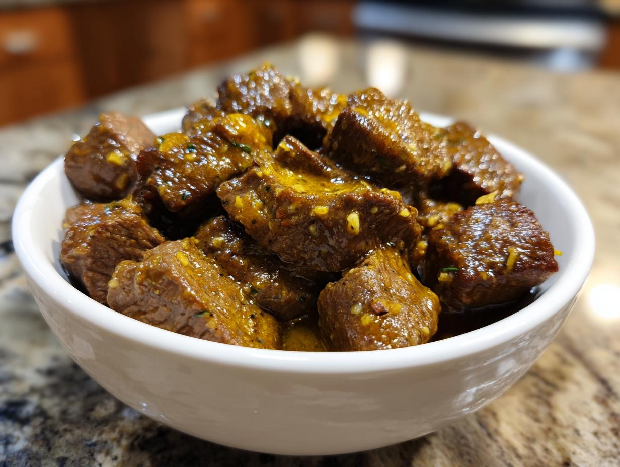 A white bowl filled with tender High Protein Slow Cooker Garlic Butter Beef Bites, coated in a rich sauce.