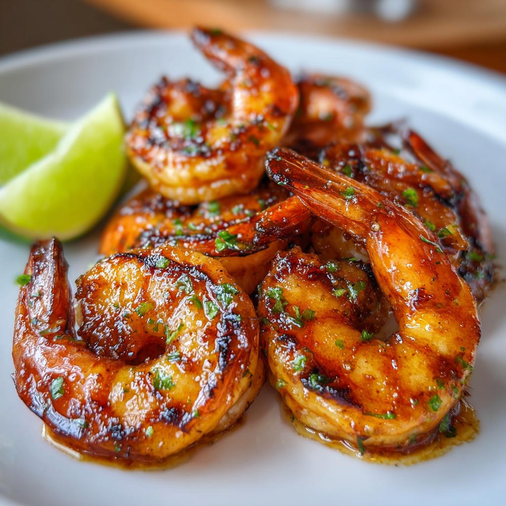 Close-up of grilled honey lime shrimp with char marks, garnished with parsley, served with lime wedges.