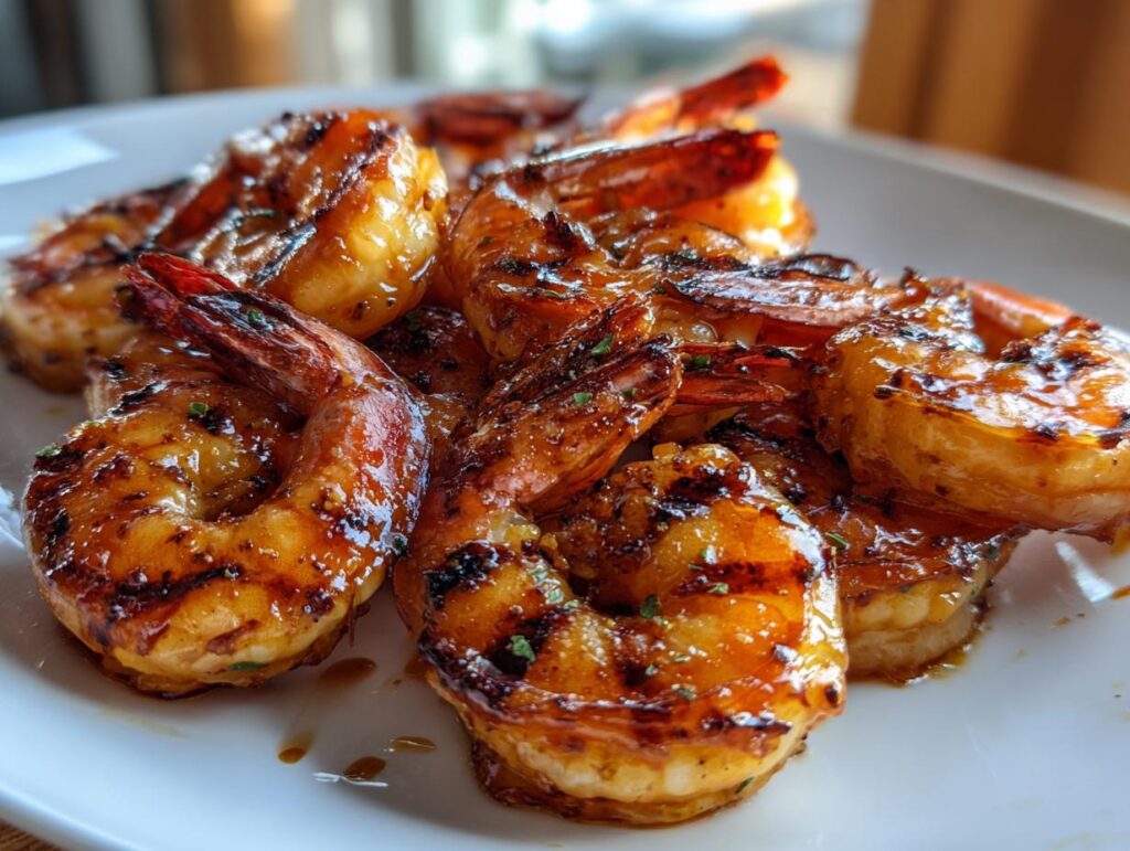 Close-up of glistening grilled honey lime shrimp on a white plate, perfect for fast cookouts.