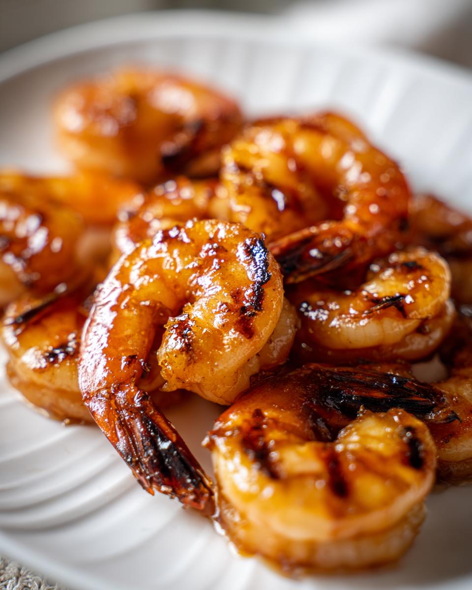 Close-up of grilled honey lime shrimp on a white plate, glistening with glaze.