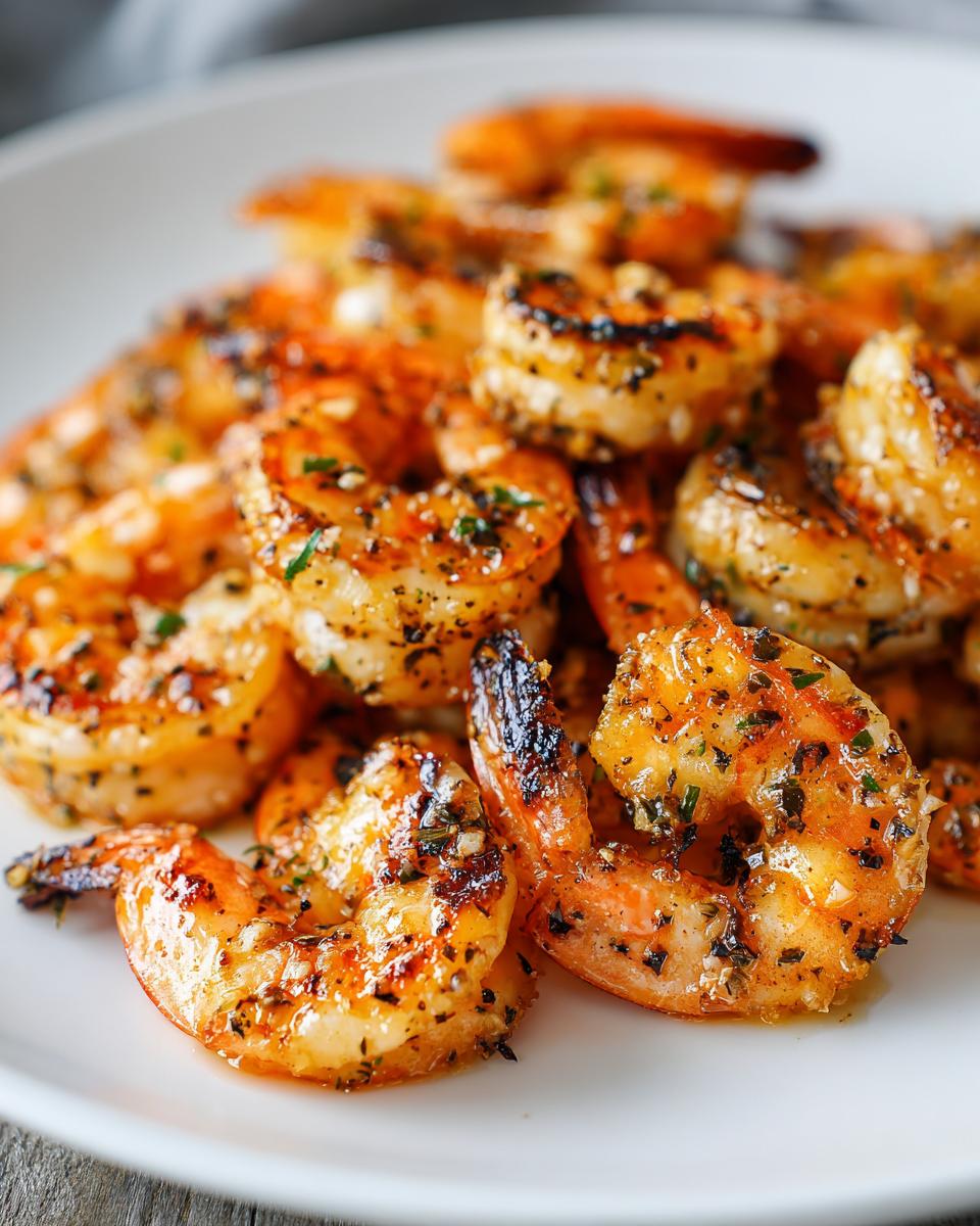 Close-up of grilled honey lime shrimp with herbs and spices, perfect for fast cookouts.