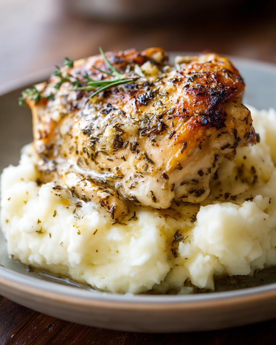 A close-up of Irresistible Garlic Herb Chicken served atop a mound of creamy mashed potatoes, drizzled with herb-infused sauce.