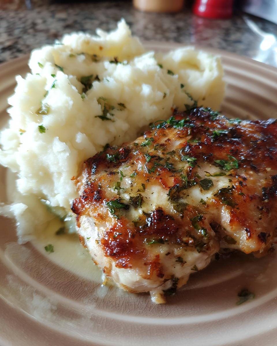 Close-up of Irresistible Garlic Herb Chicken with Creamy Mashed Potatoes, garnished with parsley.