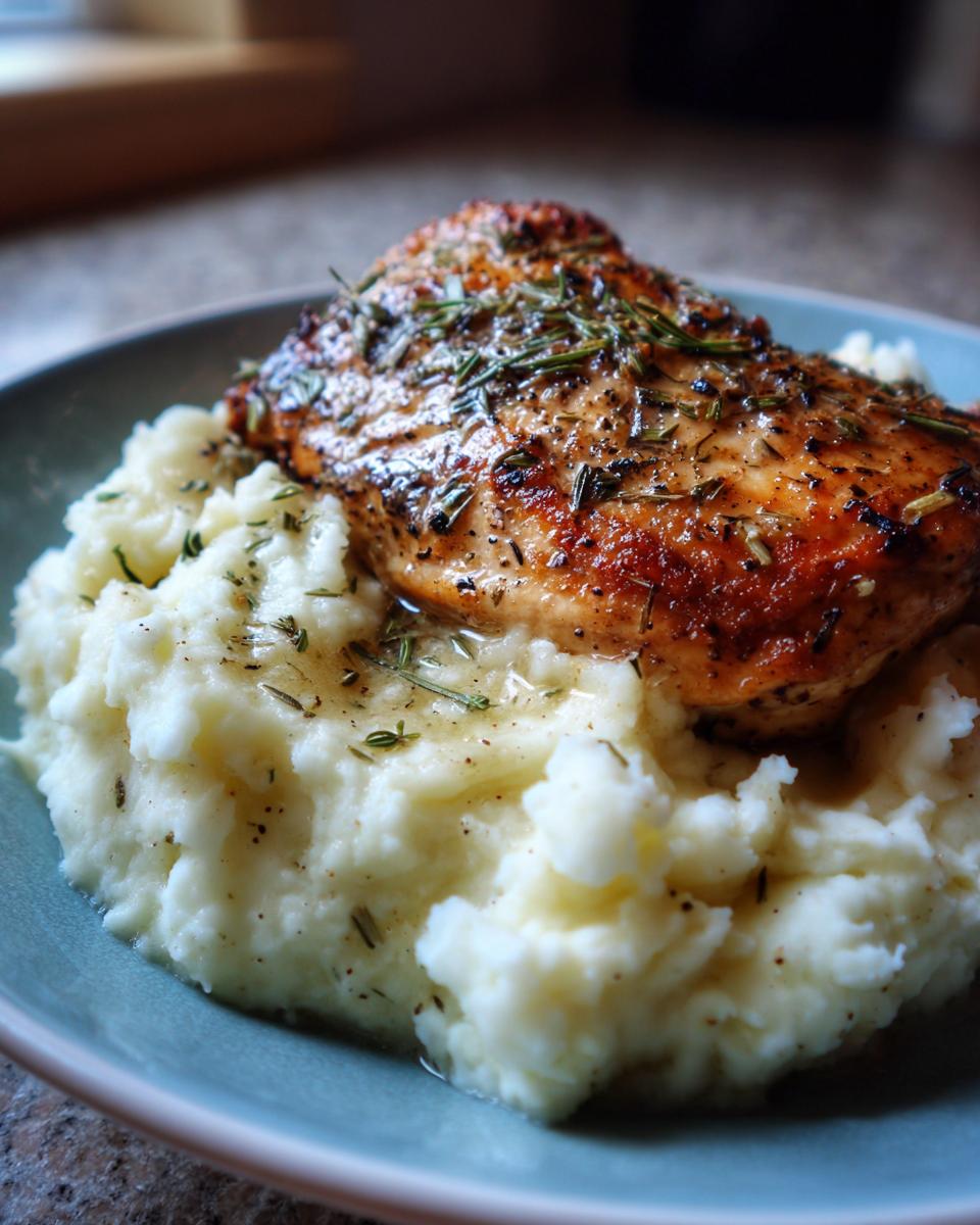 A golden-brown garlic herb chicken breast served atop a generous portion of creamy mashed potatoes.