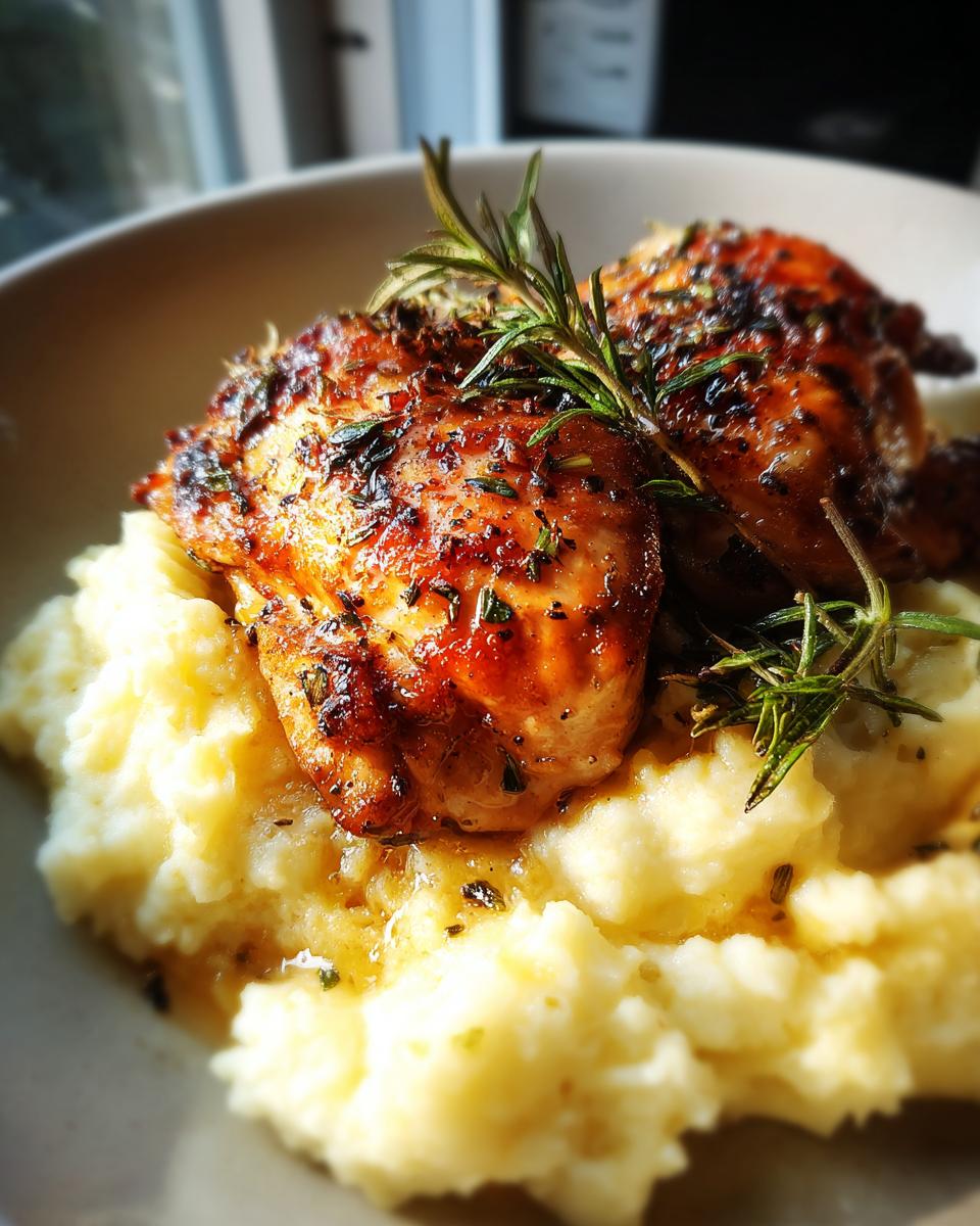 Close-up of Irresistible Garlic Herb Chicken served on a bed of creamy mashed potatoes, garnished with rosemary.
