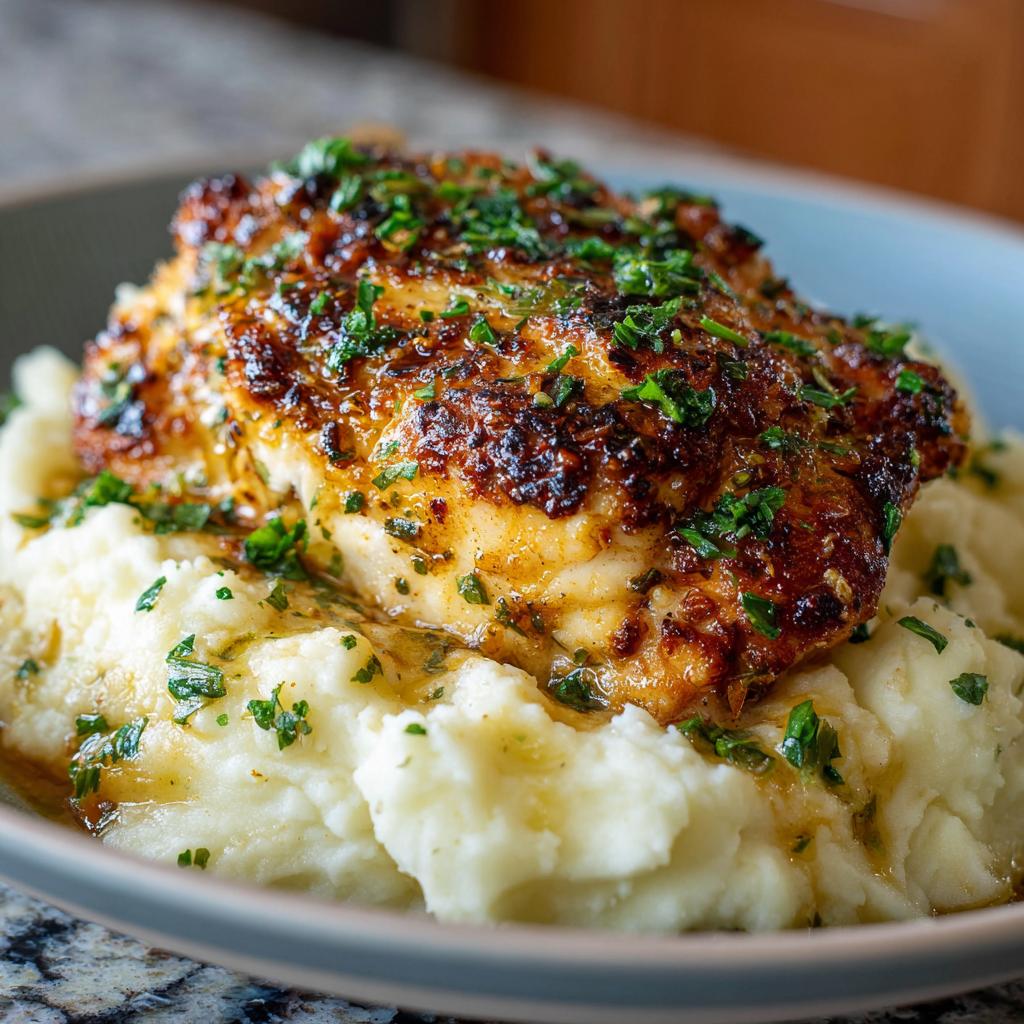 Close-up of Irresistible Garlic Herb Chicken served over a bed of creamy mashed potatoes, garnished with fresh parsley.