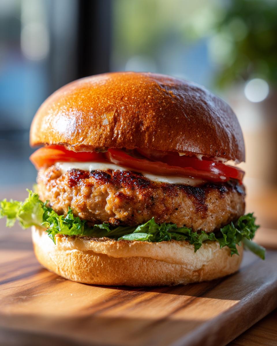 A close-up of a perfectly grilled turkey burger on a bun with lettuce, tomato, and melted cheese.
