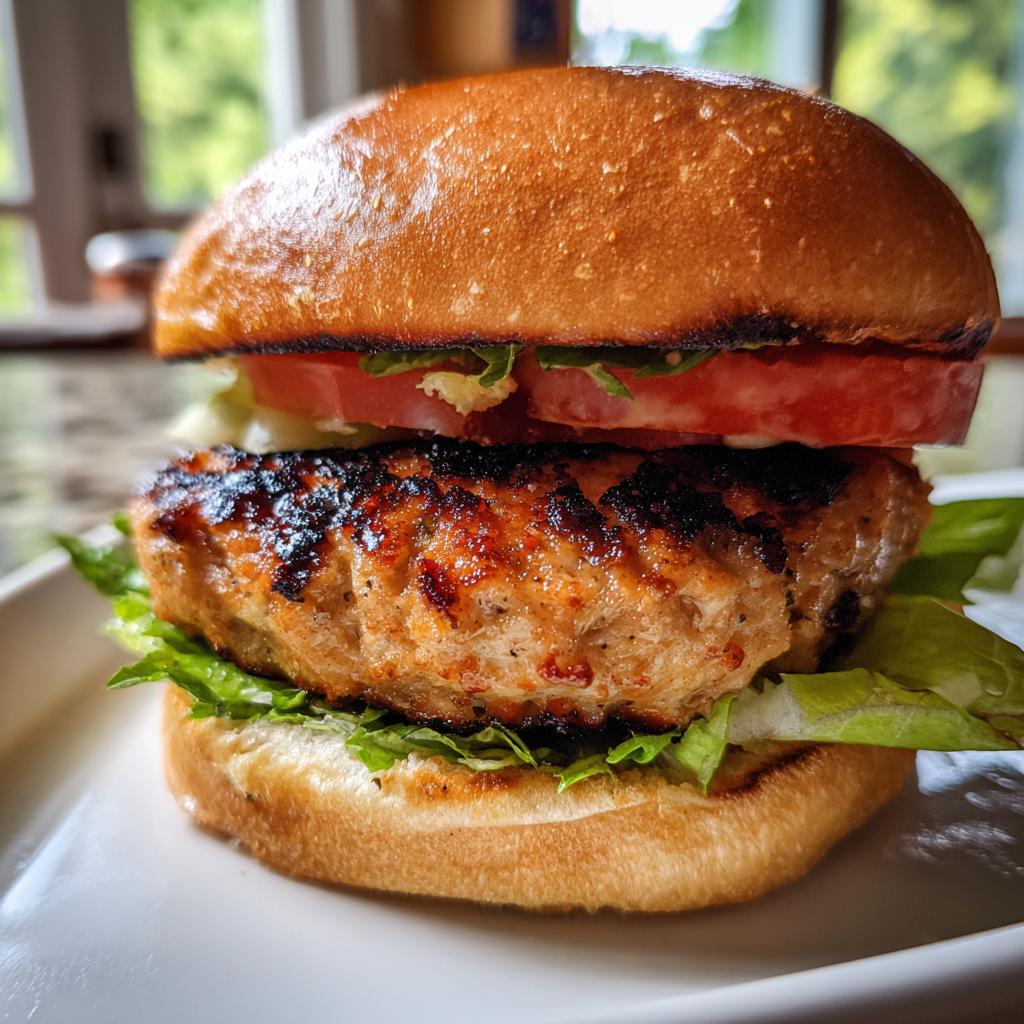 A close-up of a perfectly grilled turkey burger on a bun with lettuce and tomato, showcasing juicy texture.