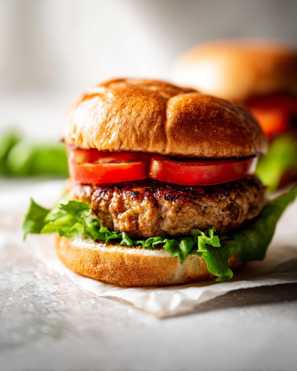 Close-up of a juicy turkey burger with fresh lettuce and tomato slices on a bun, part of grilling recipes.
