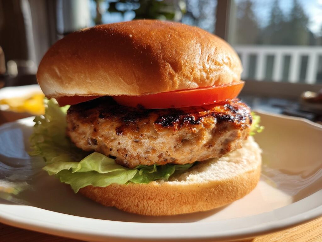 A close-up of a juicy grilled turkey burger on a bun with lettuce and tomato, part of a grilling recipe.