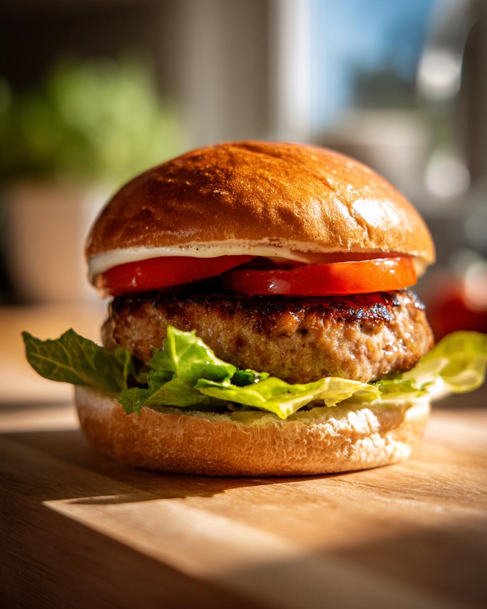 A close-up of a perfectly grilled turkey burger with lettuce and tomato on a bun, showcasing grilling recipes that keep turkey burgers juicy and flavorful.